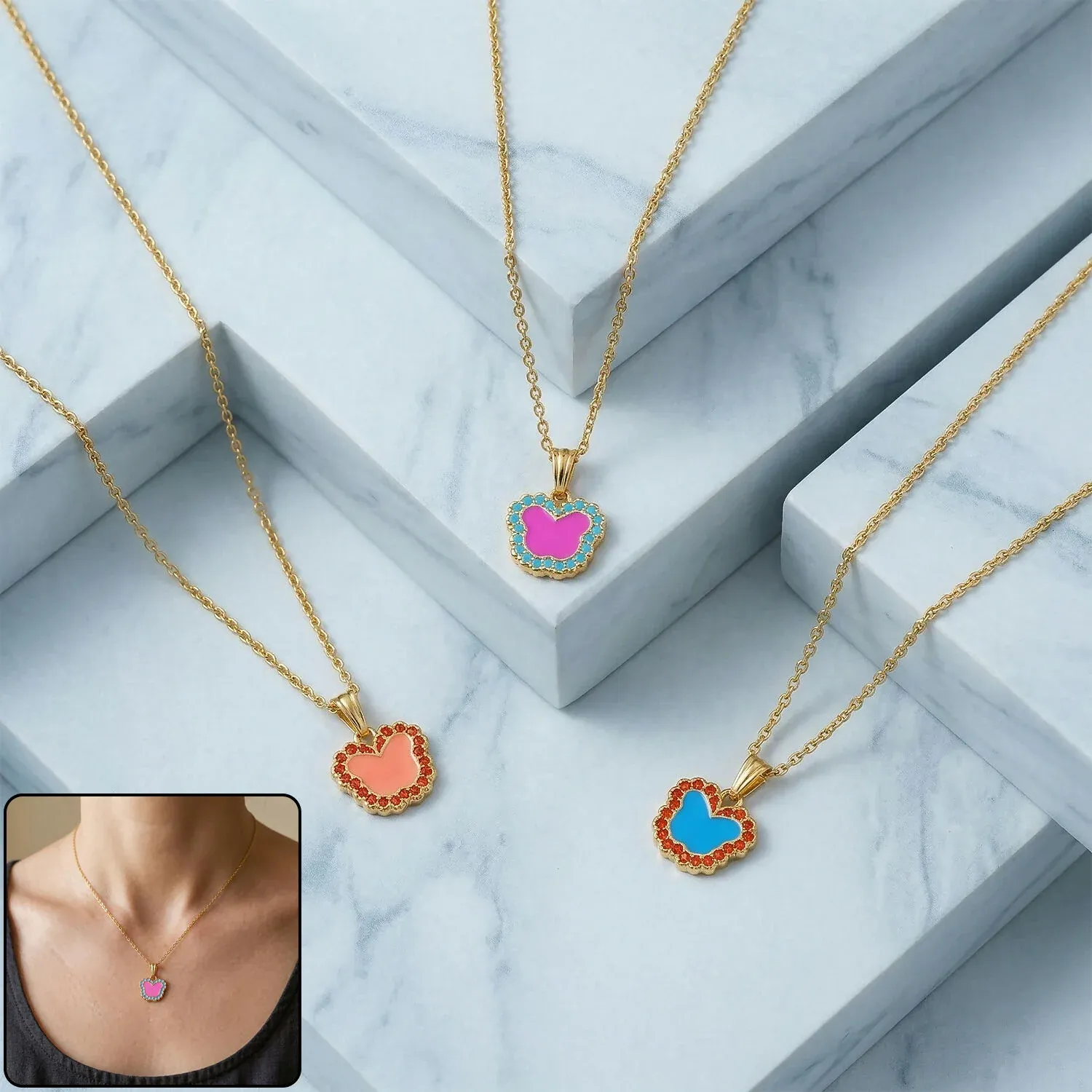 Premium Cute Butterfly-Shaped Gold Pendant Necklace with Color Stones - Buy Online at Alikart