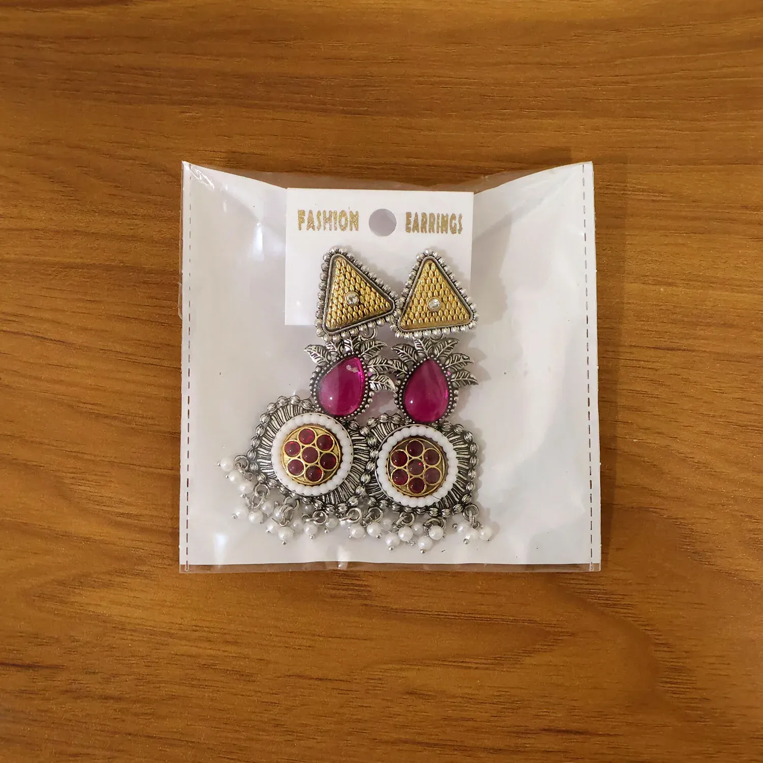 Traditional Oxidized Silver Earrings with Gold Tone Studs & Pearl Drop Fringe - Detailed Feature View 5