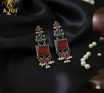 Elegant Red Stone Oxidised Silver Earrings with Pearl Danglers | Ethnic Statement Jewelry