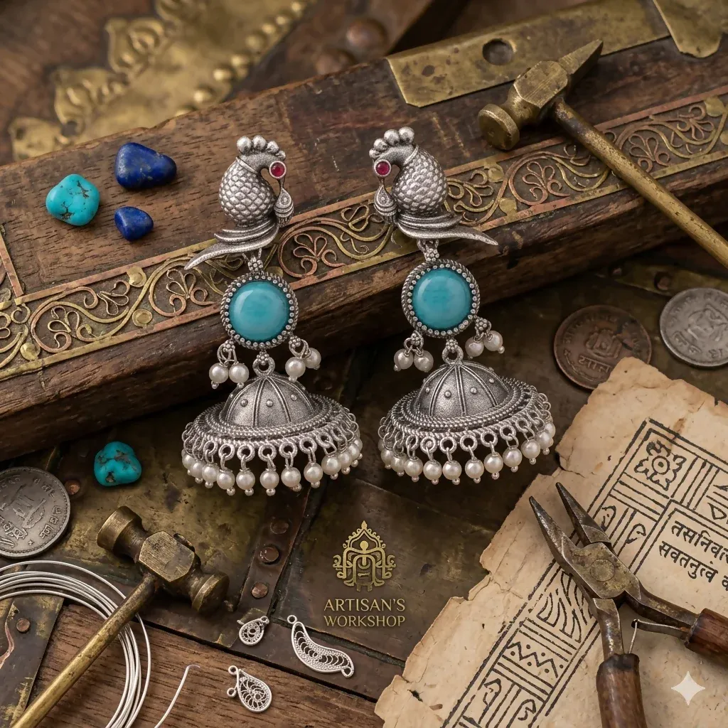 Elegant Peacock Oxidized Silver Jhumka Earrings with Sky Blue Stone & Pearl Accents - Detailed Feature View 3