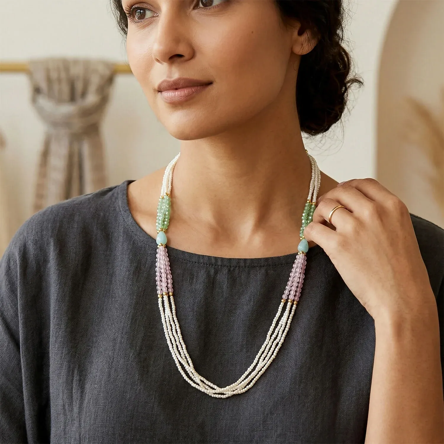 Layered Pearl Mala Necklace with Pastel Green & Pink Beads - Detailed Feature View 1