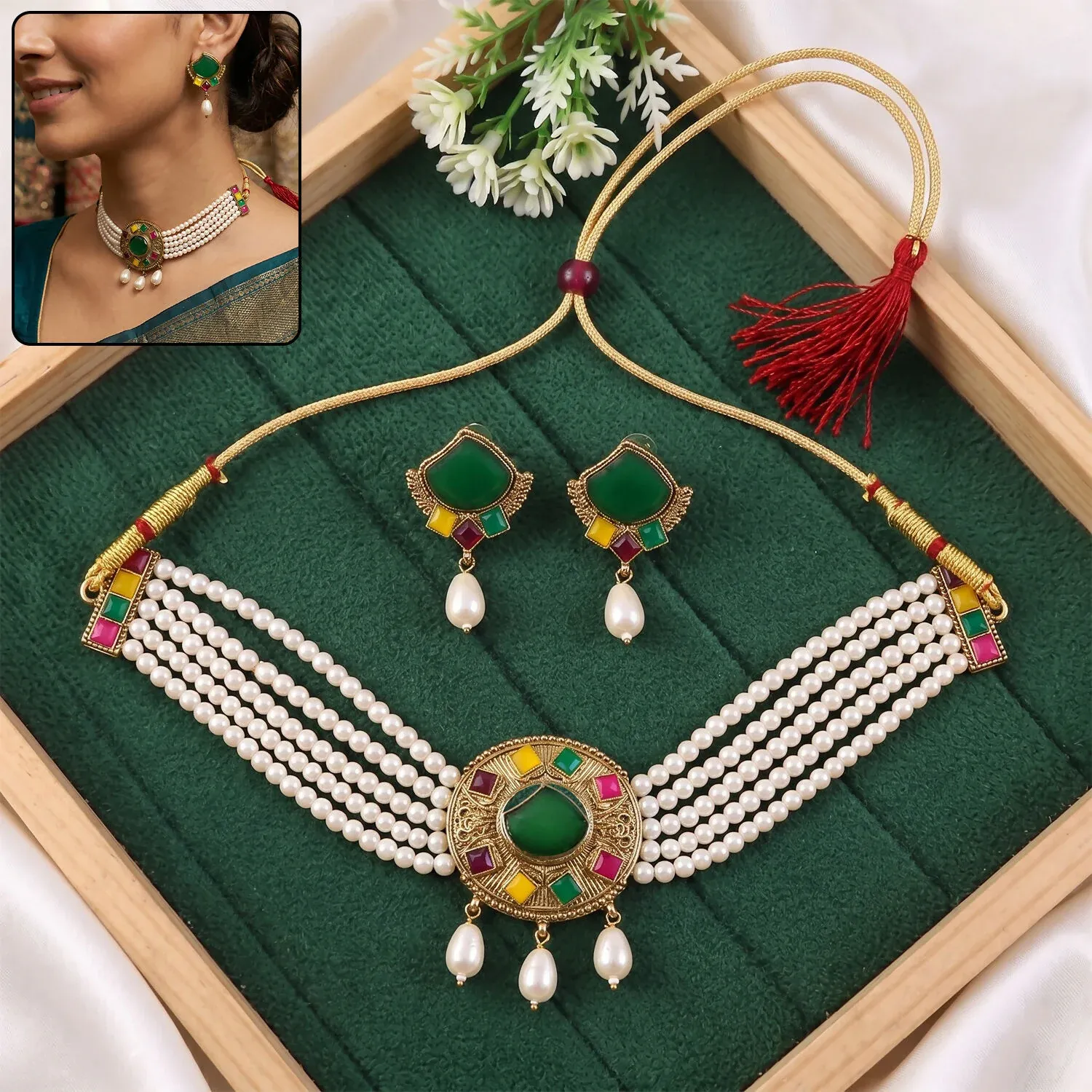 Traditional Green Stone Pearl Choker Necklace Set with Earrings for Women - Detailed Feature View 1