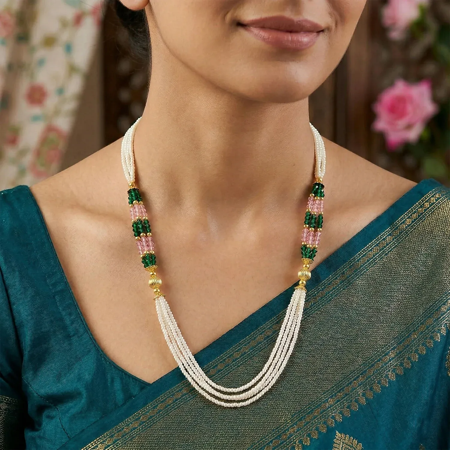 Handmade Multi-Strand Pearl Mala Necklace with Green & Pink Beads - Detailed Feature View 1