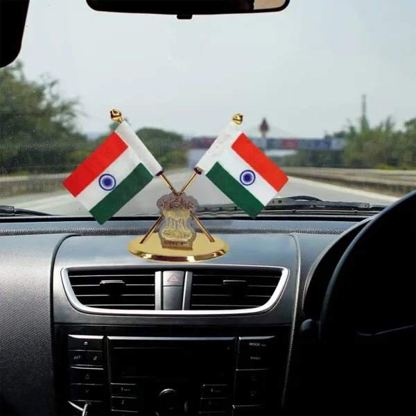Indian Flag Table Stand with Dual Flags and National Emblem – Desk Decor for Patriotic Spaces
