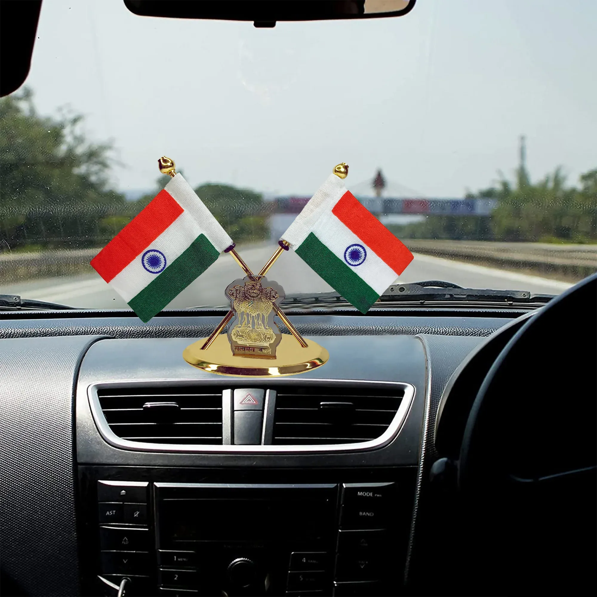 Premium Indian Flag Table Stand with Dual Flags and National Emblem - Desk Decor for Patriotic Spaces - Buy Online at Alikart