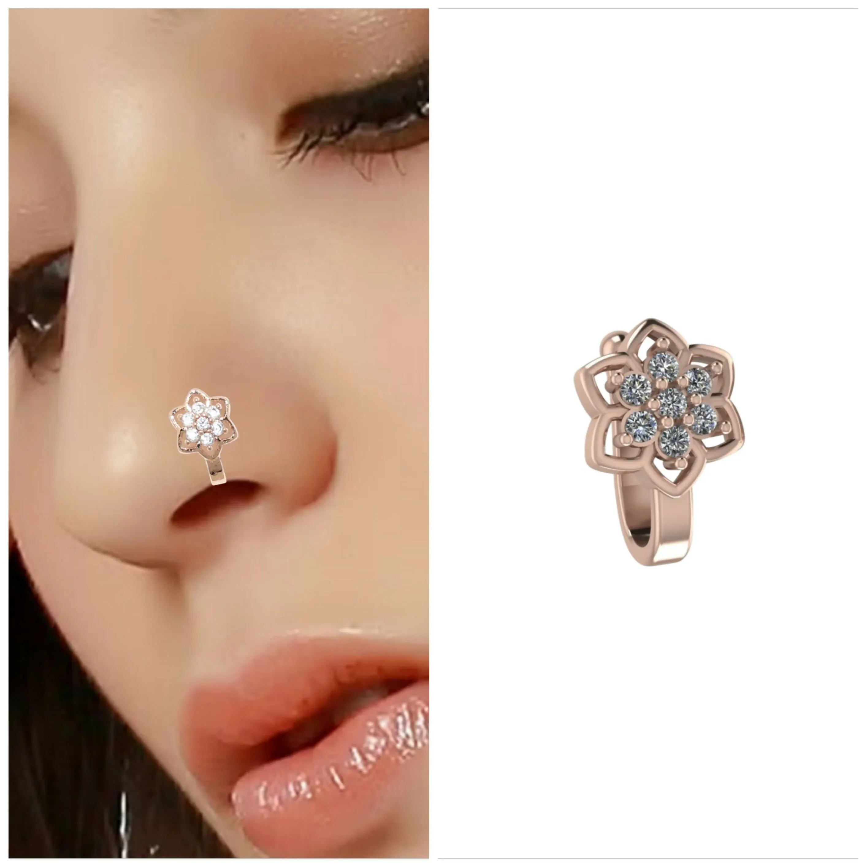 Premium Gold Tone Flower Design Non-Piercing Nose Stud Cuff - Buy Online at Alikart