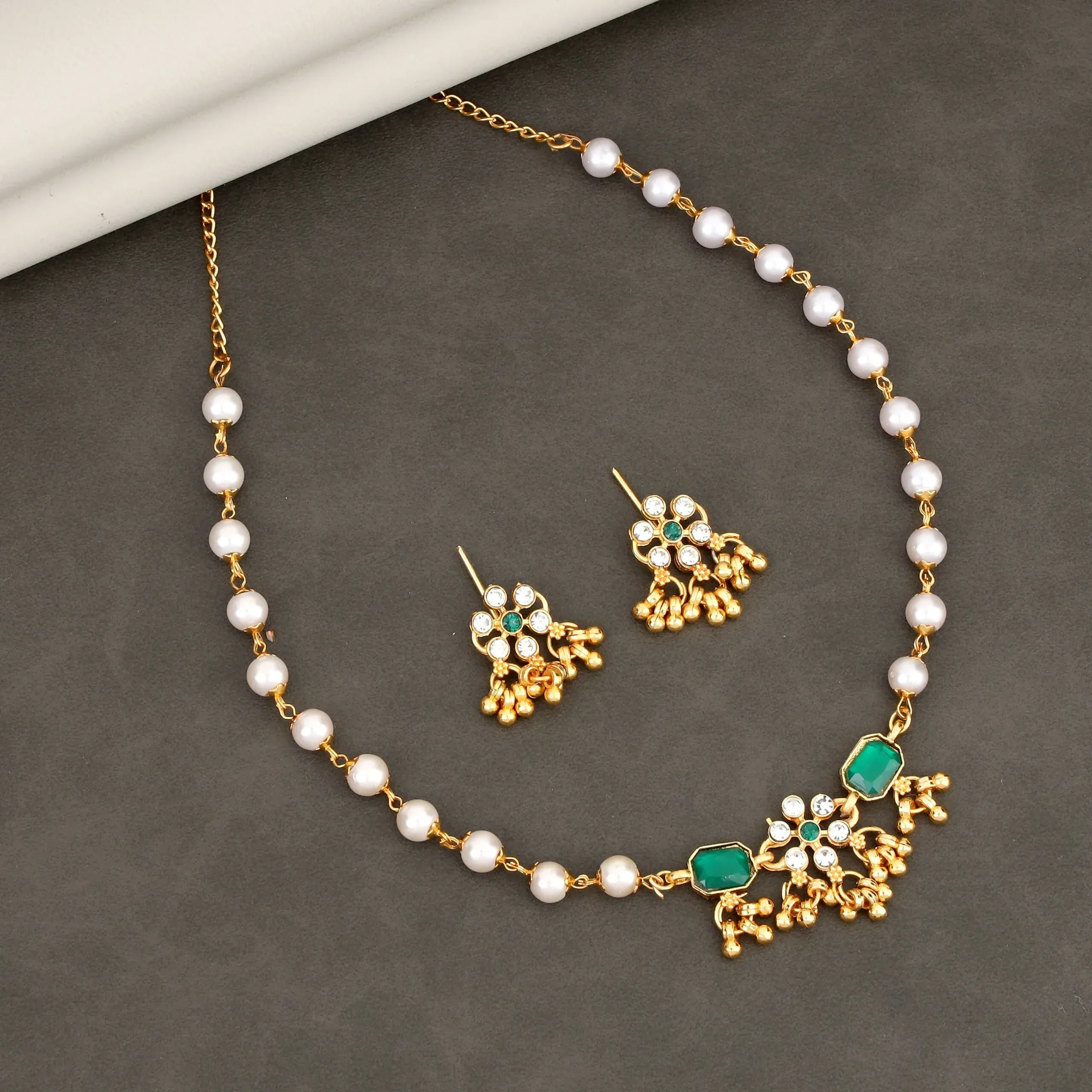 Gold-Plated Green Enamel Lotus Choker Necklace with Pearl Drops - Detailed Feature View 2