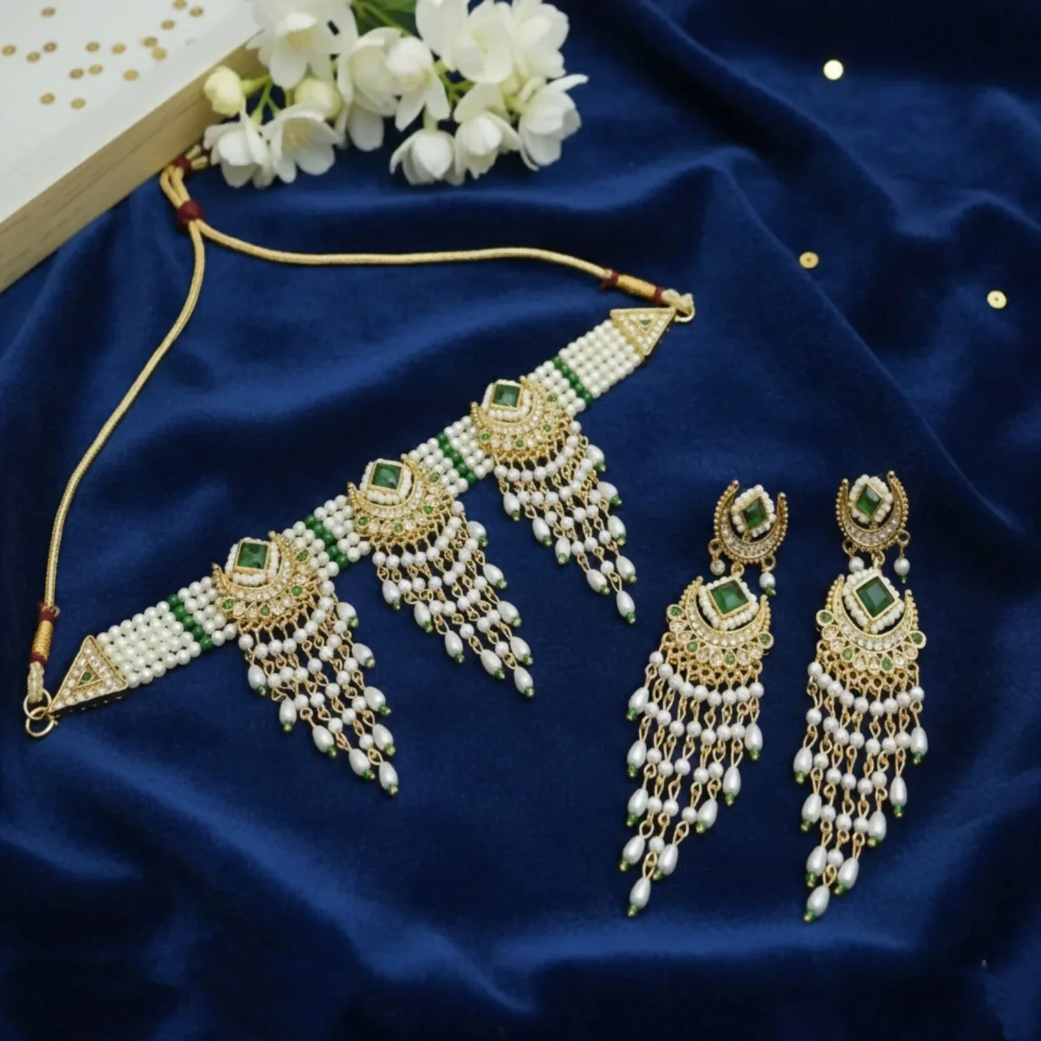 Elegant Emerald & Pearl Choker Necklace Set with Chandbali Jhumka Earrings - Detailed Feature View 1