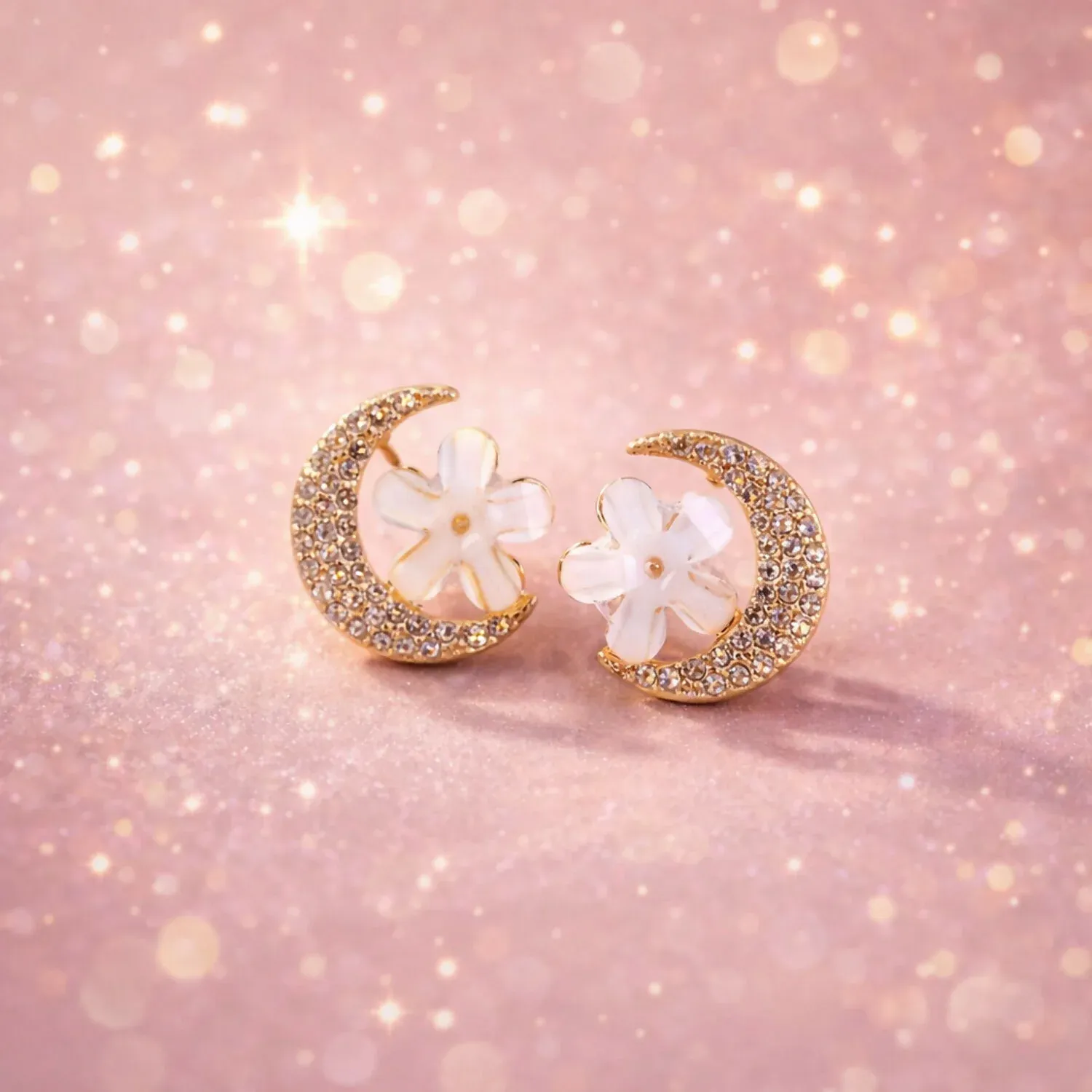 Premium Elegant Gold Moon & Flower Crystal Stud Earrings for Women - Buy Online at Alikart