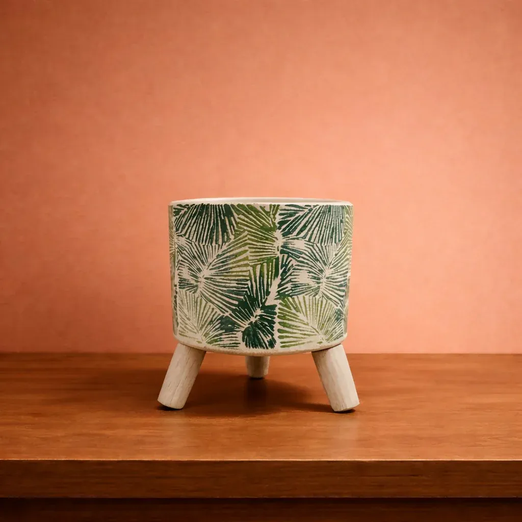 Ceramic Planter Pot with Wooden Stand Decorative Plant Holder - Detailed Feature View 2