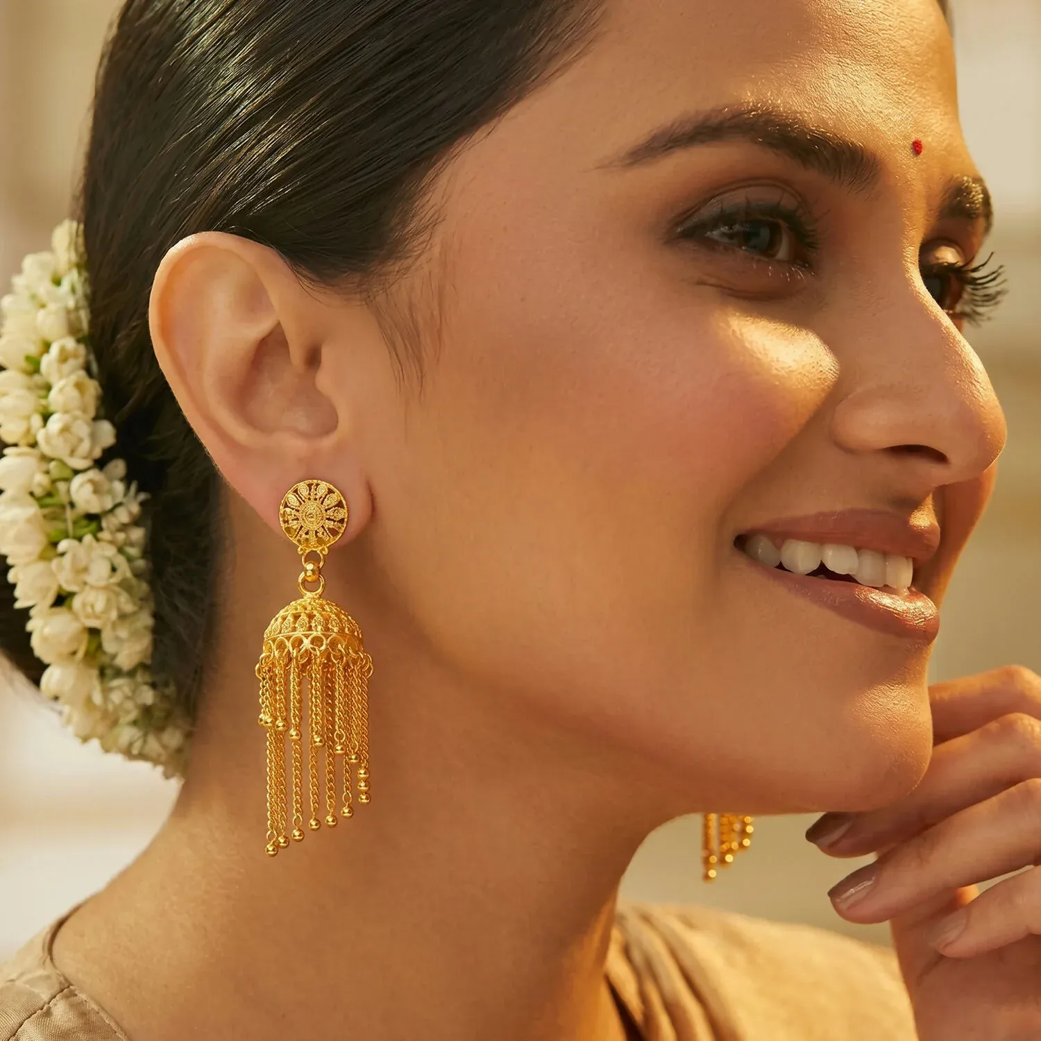 Golden Chain Tassel Jhumka Earrings - Stylish Party Jewellery for Women - Detailed Feature View 1