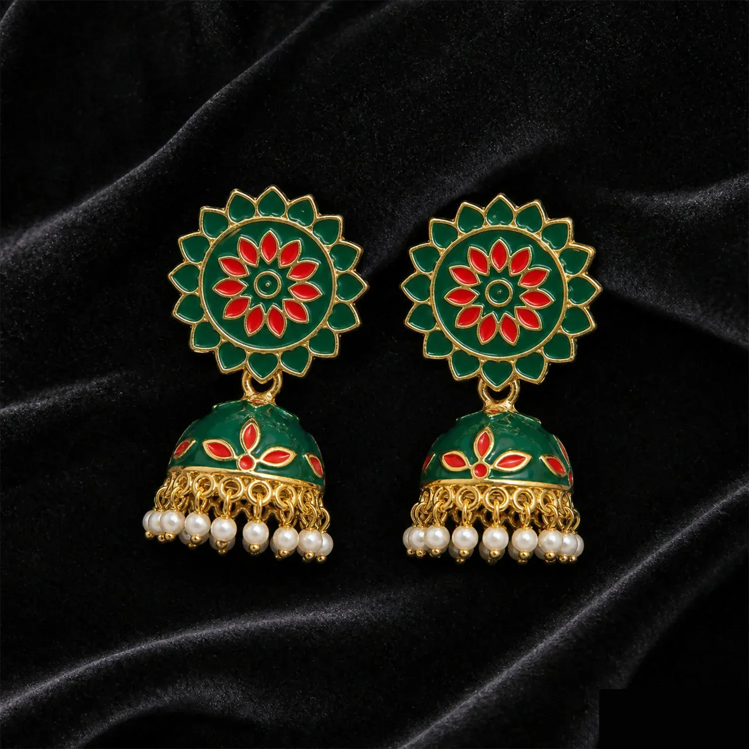Green and Red Floral Enamel Jhumka Earrings with Pearl Drop Design - Detailed Feature View 3