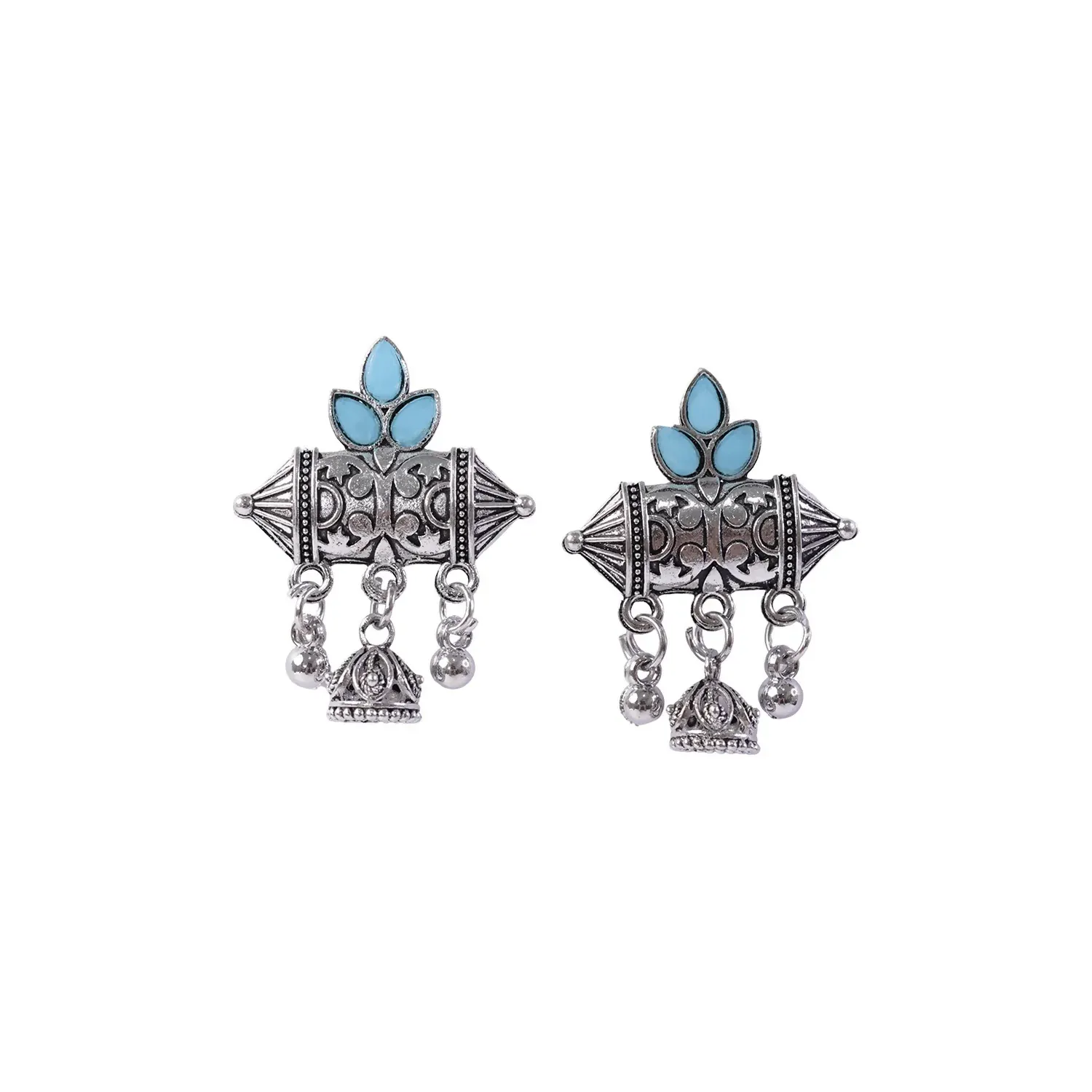 Oxidized Silver-Plated Sky Blue Leaf & Dhol Earrings with Mini Jhumka - Detailed Feature View 5