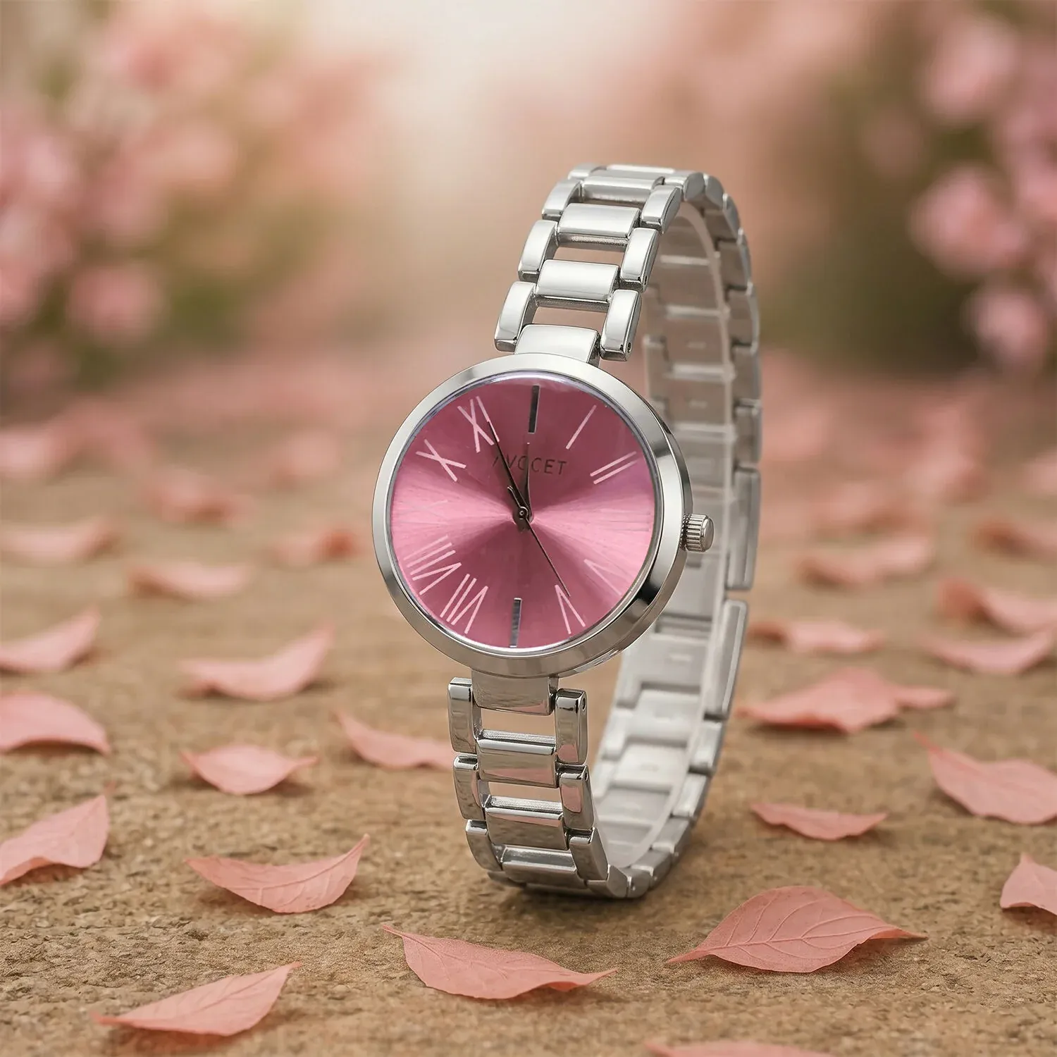 Luxury Pink Dial Women’s Silver Bracelet Analog Watch with Elegant Designer Chain Strap - Detailed Feature View 1