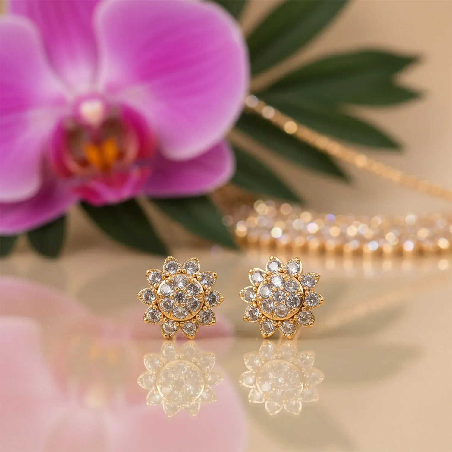Elegant Floral CZ Stud Earrings with Gold Tone Finish for Daily & Party Wear Women - Detailed Feature View 2