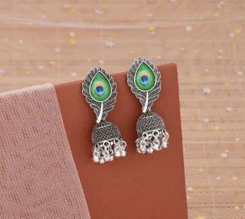 Oxidised Silver Peacock Feather Jhumka Earrings – Elegant & Lightweight