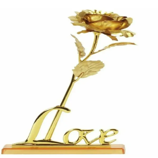Premium LOVE Golden Rose Showpiece with Stand | 24K Gold Foil Artificial Rose with Love Base for Romantic Gifts | Ideal for Anniversary, Birthday