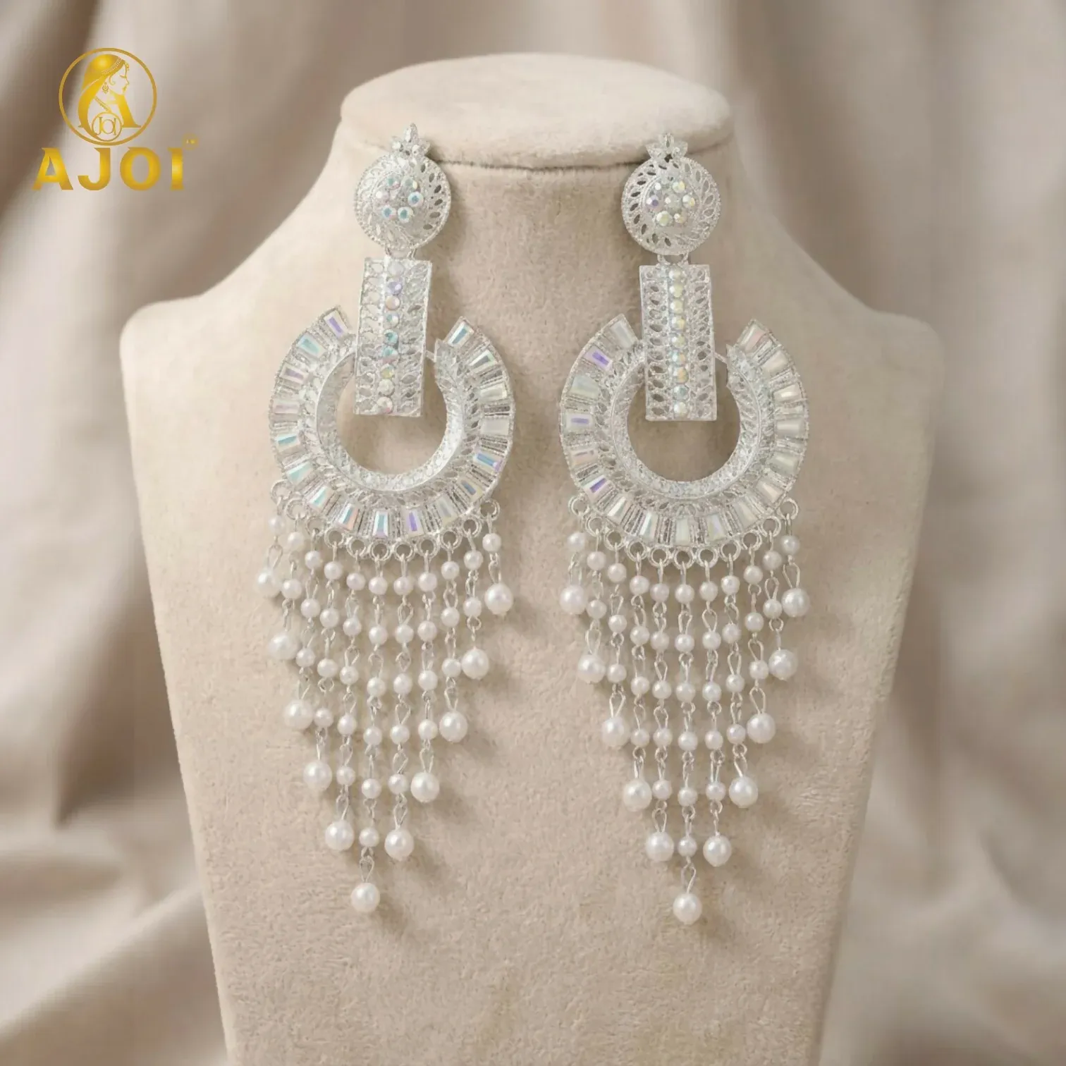 Silver-Tone Pearl Tassel Statement Earrings for Festive Wear - Detailed Feature View 2