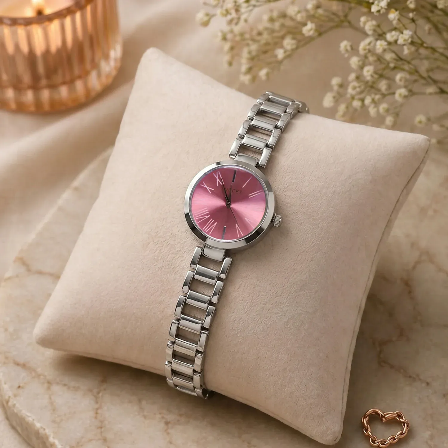 Luxury Pink Dial Women’s Silver Bracelet Analog Watch with Elegant Designer Chain Strap - Detailed Feature View 3