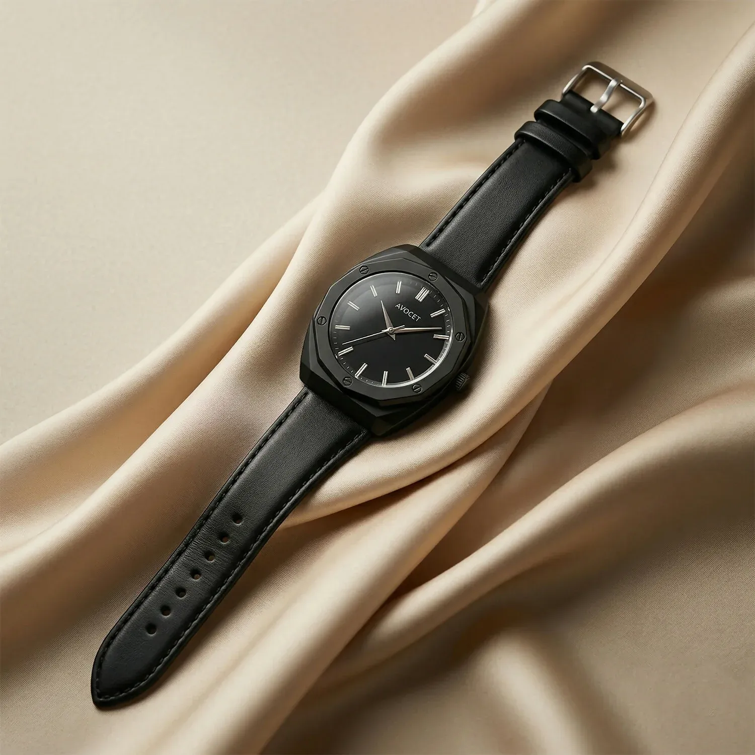 Premium Matte Black Octagonal Analog Wrist Watch with Leather Strap for Men - Detailed Feature View 2