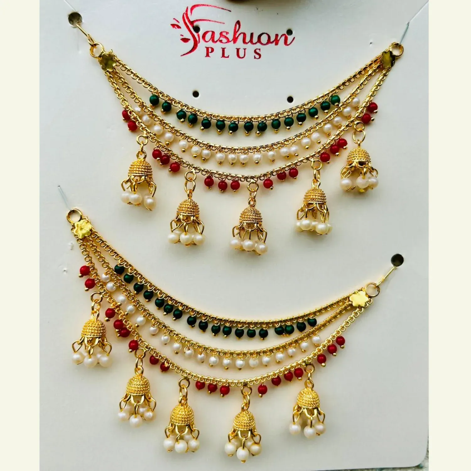 Premium Traditional Gold Finish Tricolor Pearl Jhumki Designer Kanchain for Women - Buy Online at Alikart
