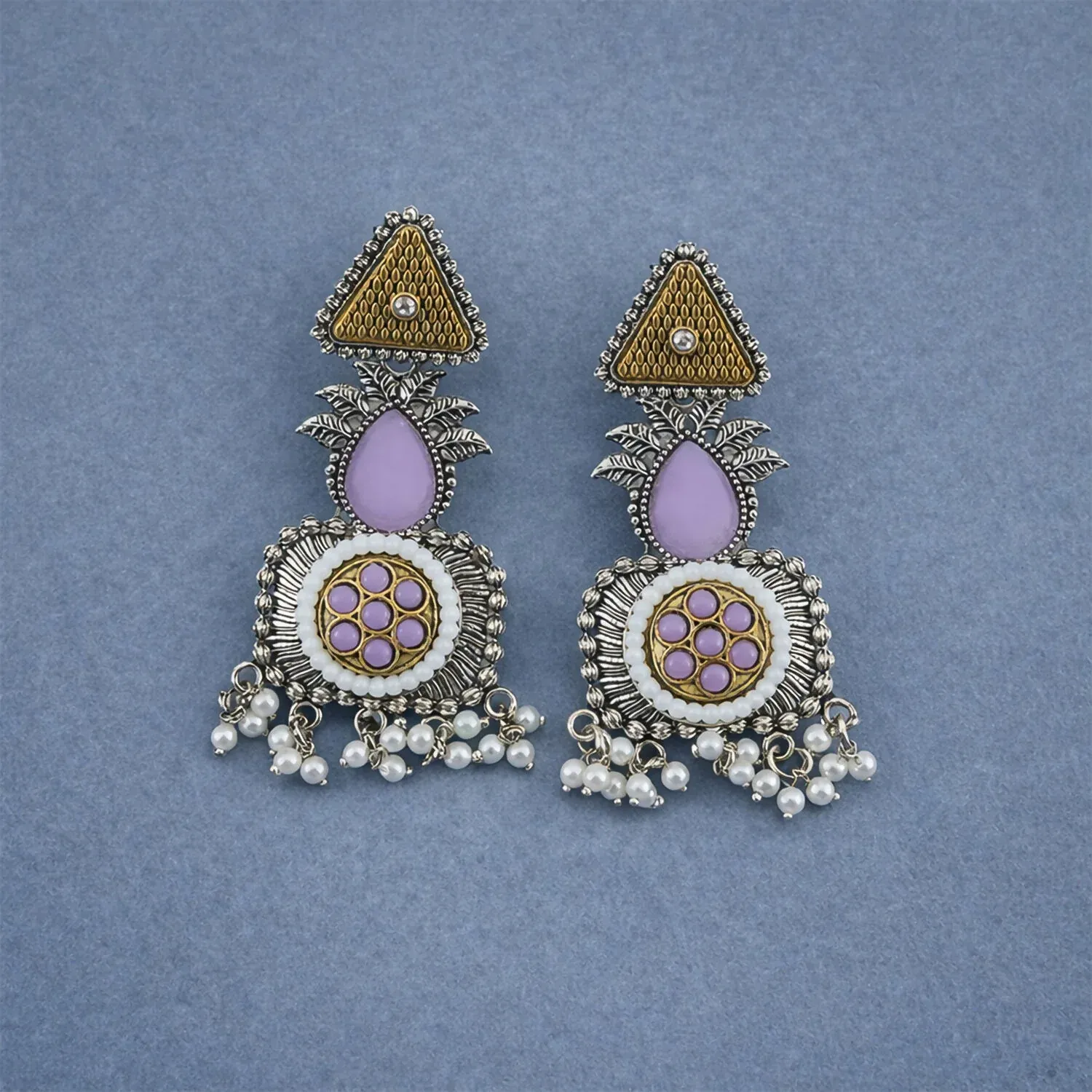 Elegant Blush Pink & Pearl Embellished Statement Drop Earrings with Antique Silver Finish and Intricate Floral Filigree Design - Detailed Feature View 2