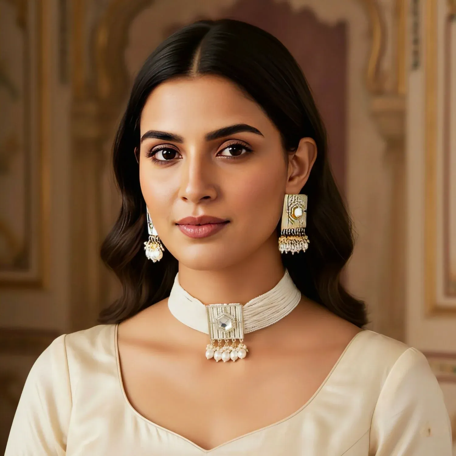 Beautifully Premium Quality Pearl Choker Necklace With Beautiful Earrings - Detailed Feature View 1