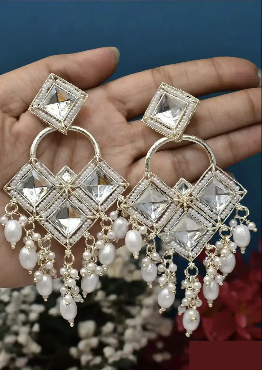 Antique Silver-Toned Floral Kundan Chandbali Jhumka Earrings with Seed Pearl Clusters - Detailed Feature View 3