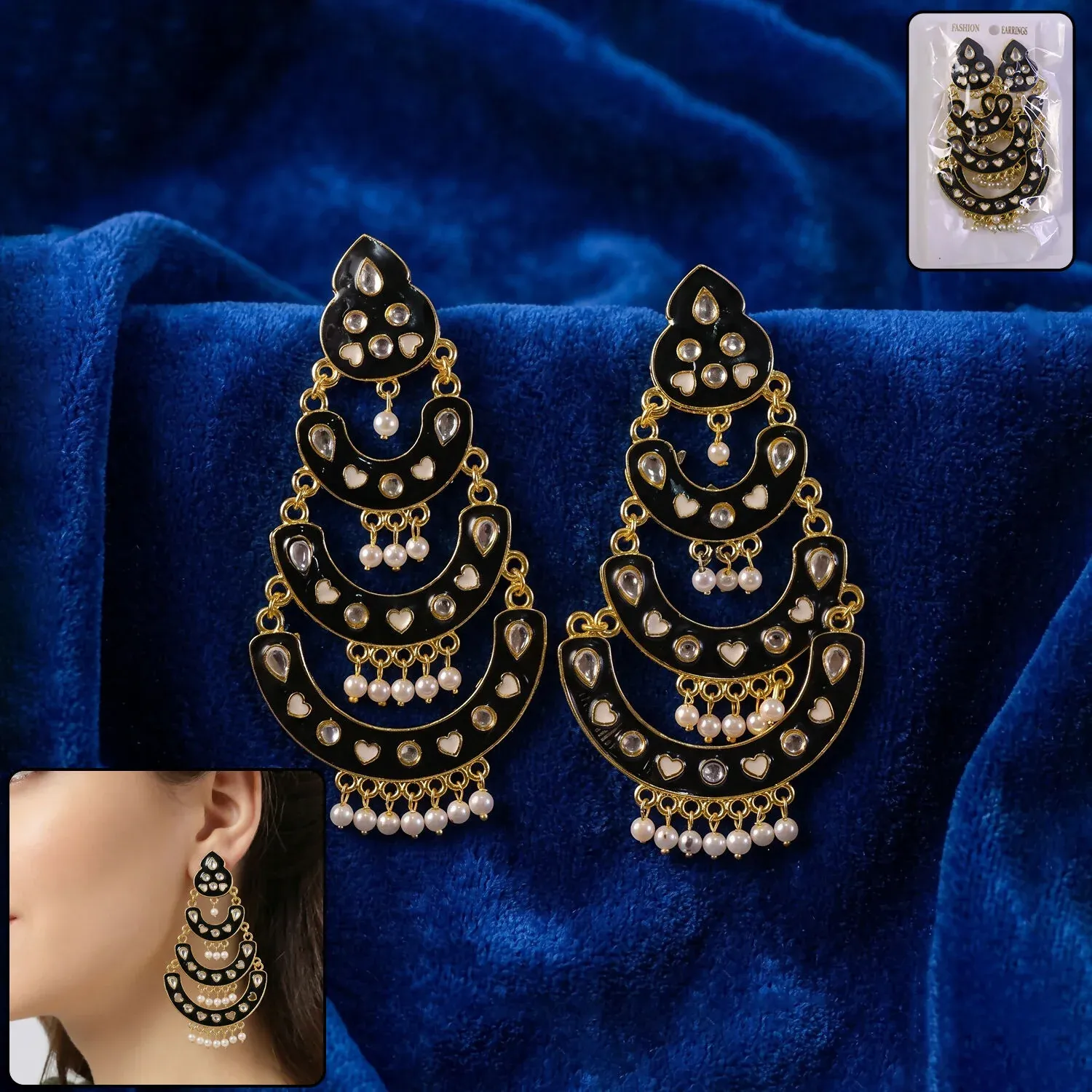 Premium Black Layered Chandbali Earrings with Pearl Drop – Elegant Ethnic Jewelry - Buy Online at Alikart