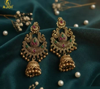 Gold Plated Peacock Jhumka Earrings with Green & Pink Stones