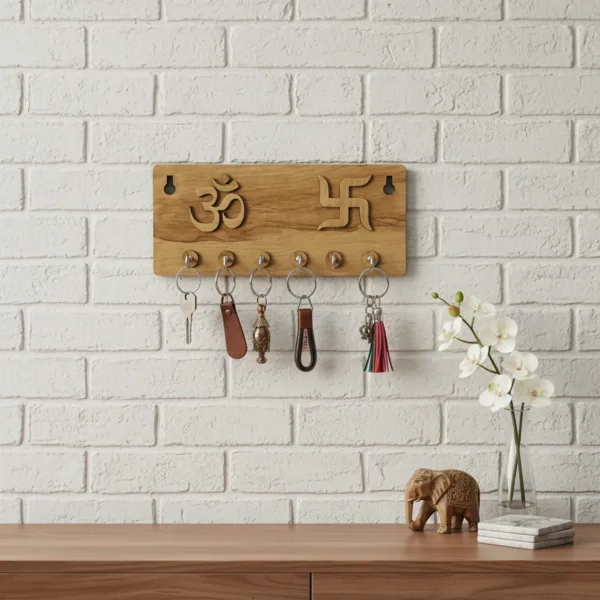 Om & Swastik Wooden Key Holder – Premium Embossed MDF Organizer