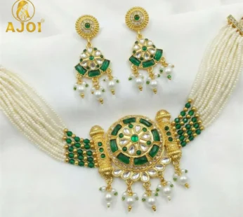Bridal Green Kundan & Pearl Necklace with Earrings