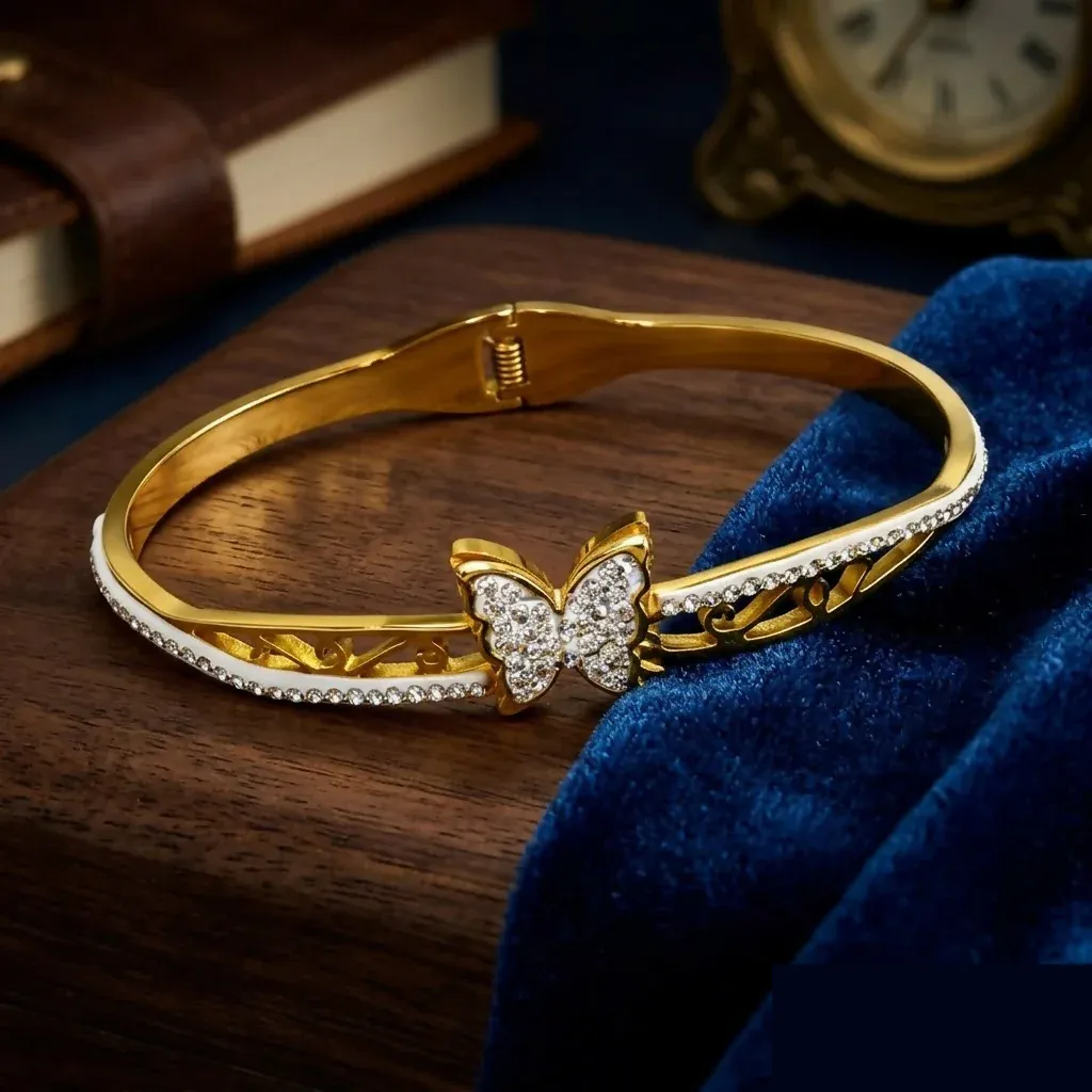 Eternal Bloom Gold-Tone Botanical Kada Bracelet for Women & Girls - Detailed Feature View 1