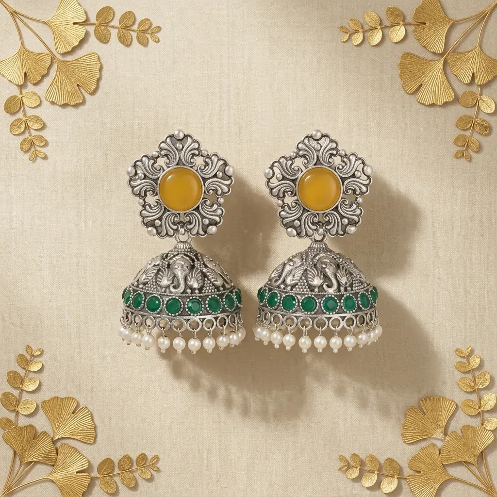 Oxidised Silver Jhumka Earrings with Yellow & Emerald Stones - Detailed Feature View 2