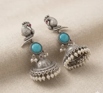 Elegant Peacock Oxidized Silver Jhumka Earrings with Sky Blue Stone & Pearl Accents
