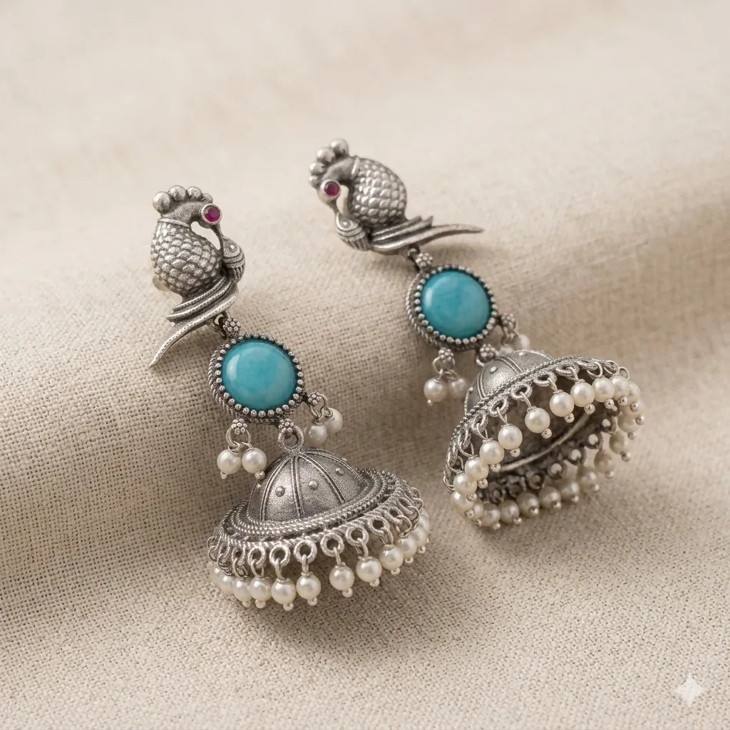 Premium Elegant Peacock Oxidized Silver Jhumka Earrings with Sky Blue Stone & Pearl Accents - Buy Online at Alikart