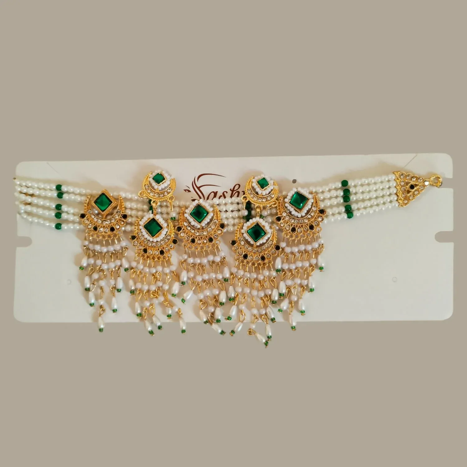 Elegant Emerald & Pearl Choker Necklace Set with Chandbali Jhumka Earrings - Detailed Feature View 3