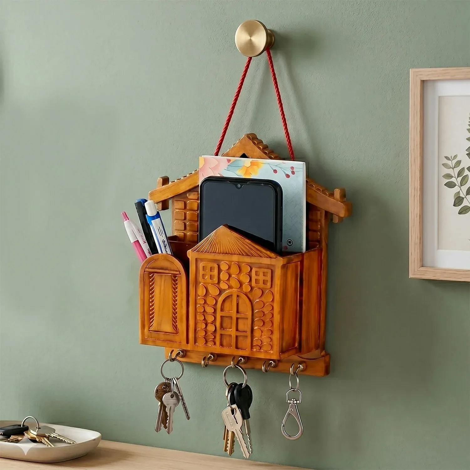 Key Holder with Key Villa – Rustic Wooden Organizer with Hooks - Detailed Feature View 4