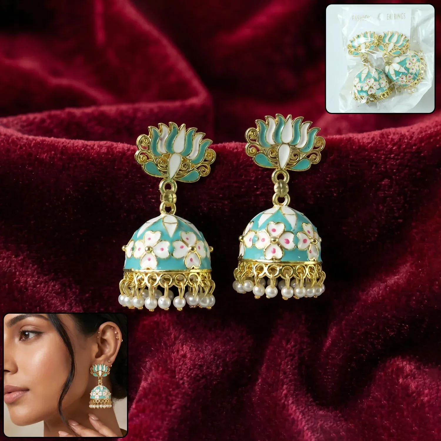 Premium Sea Pista Lotus Jhumka Earrings with Pearl Hanging for Women - Buy Online at Alikart
