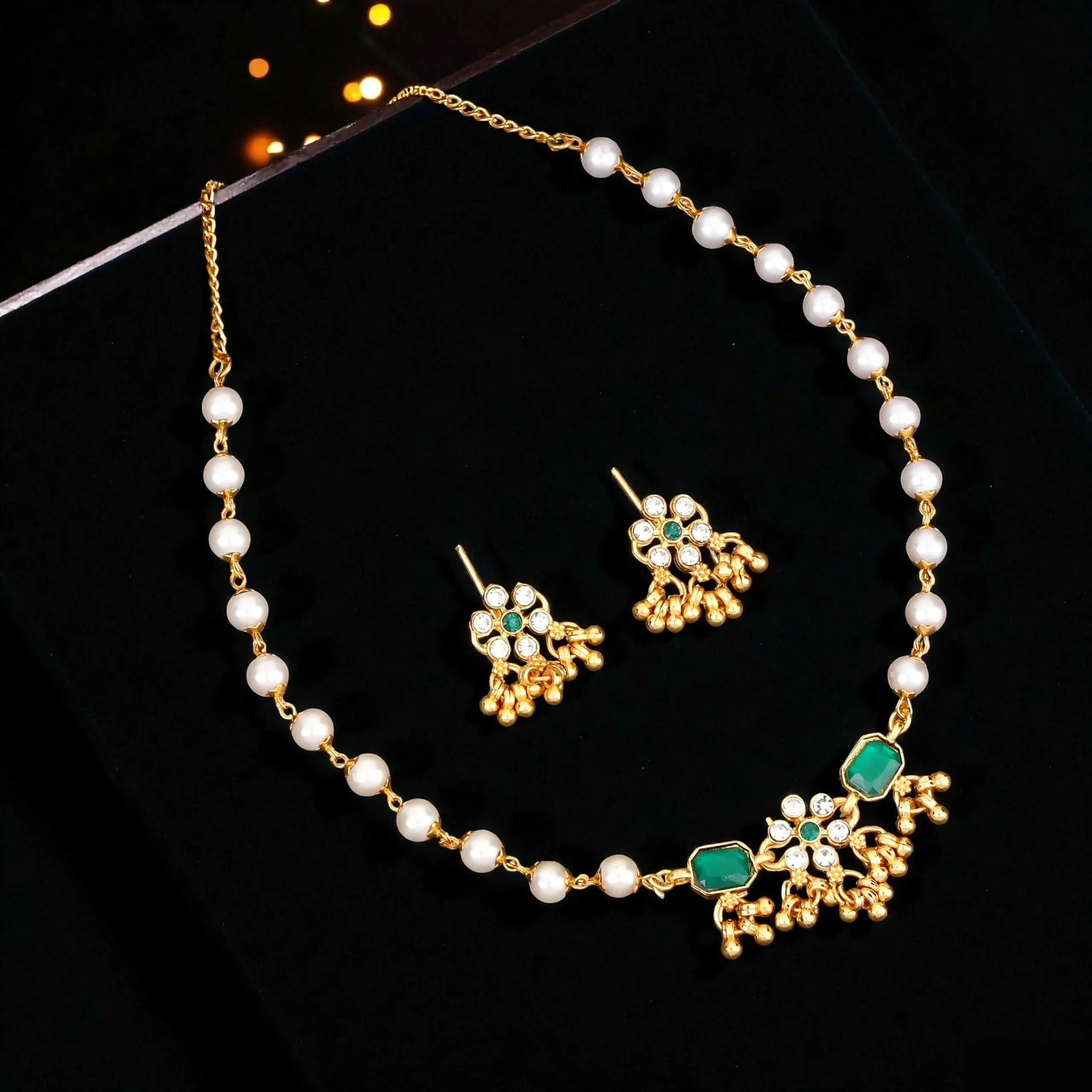 Premium Gold-Plated Green Enamel Lotus Choker Necklace with Pearl Drops - Buy Online at Alikart