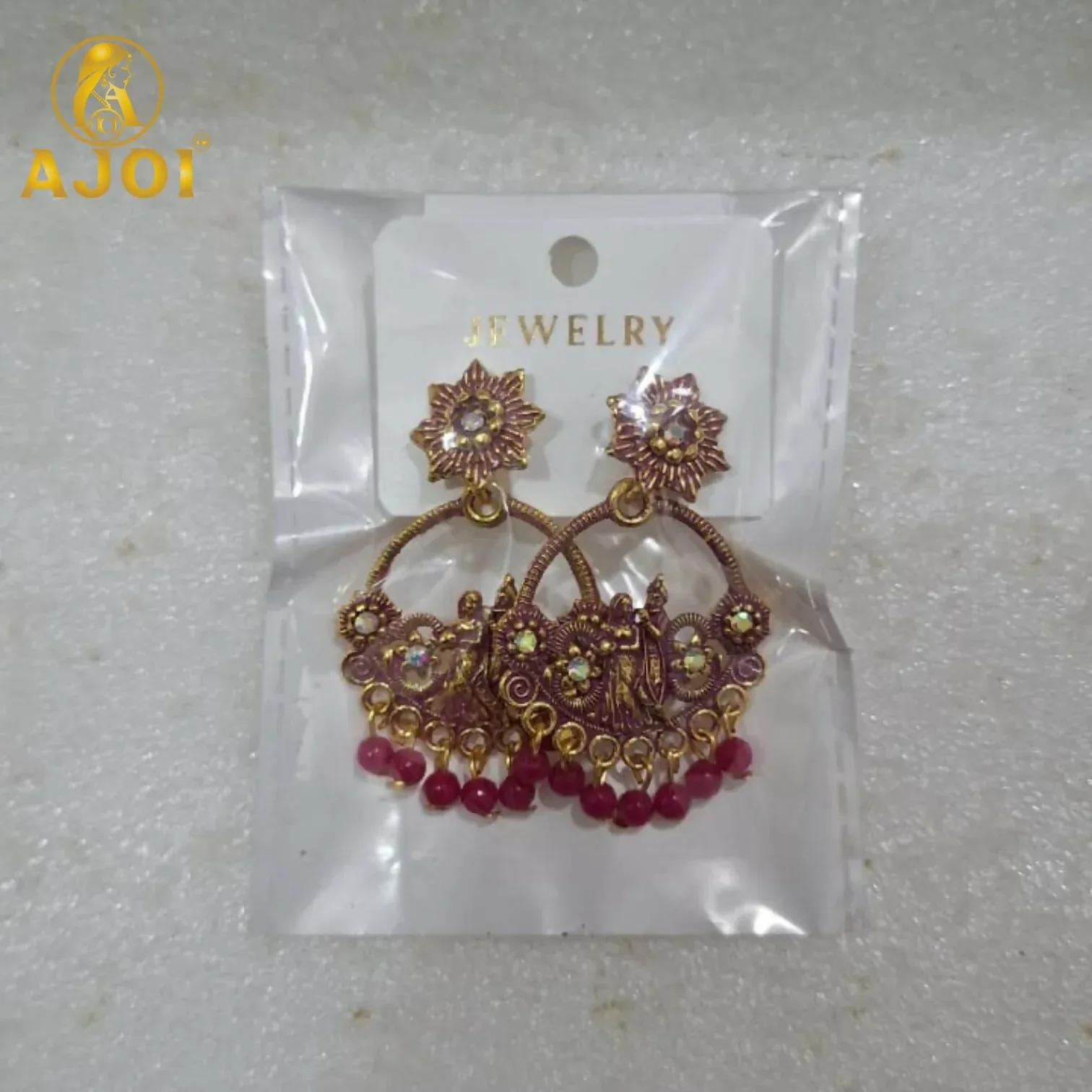 Antique Pink Radha Krishna Beaded Chandbali Ethnic Earrings for Women & Girls - Detailed Feature View 4
