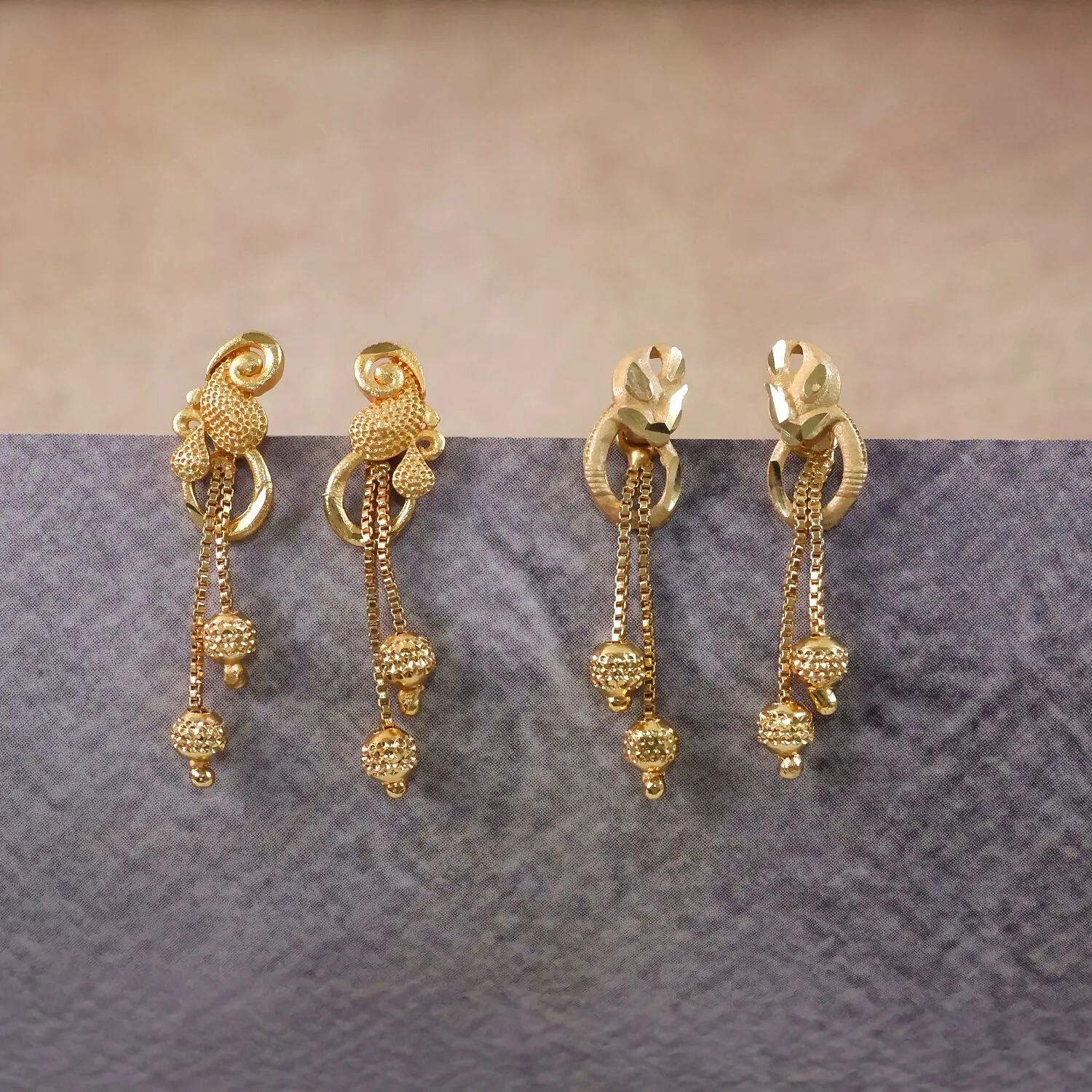 Premium Chic Gold Chain Drop Earrings with Triple Hanging Beads and Sculpted Top Deign (2 Pair) - Buy Online at Alikart