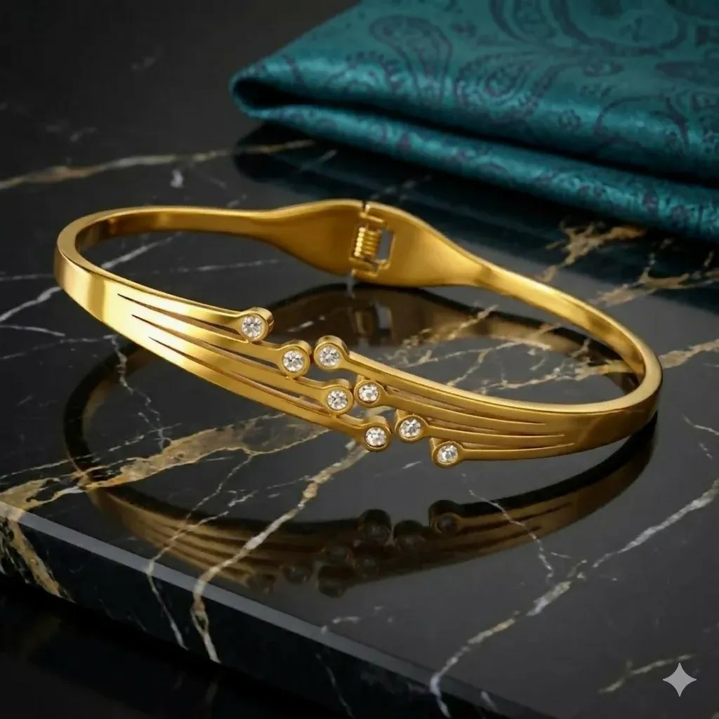 Eternal Bloom Gold-Tone Botanical Kada Bracelet for Women & Girls - Detailed Feature View 1