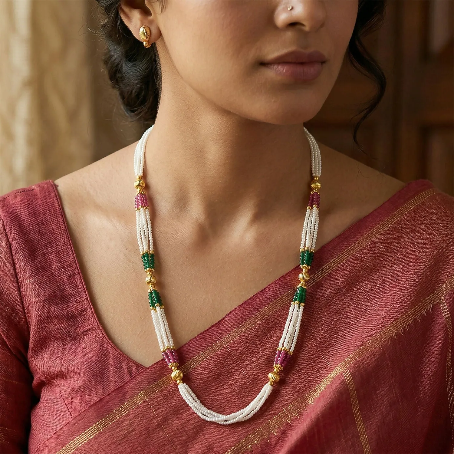 Elegant Multi-Color Beaded Traditional Mala Necklace with Gold Accents - Detailed Feature View 1