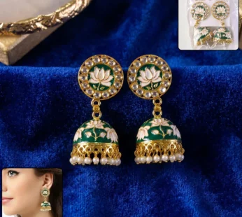 Green Lotus Design Gold Tone Jhumka Earrings with Pearl Beads