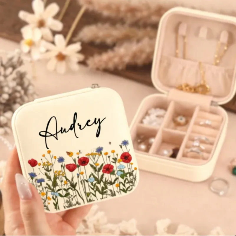 Personalized Faux Leather Travel Jewelry Case with Name & Floral Design – Custom Jewelry Organizer for Women (Random Box-Pack of 1) - Detailed Feature View 2
