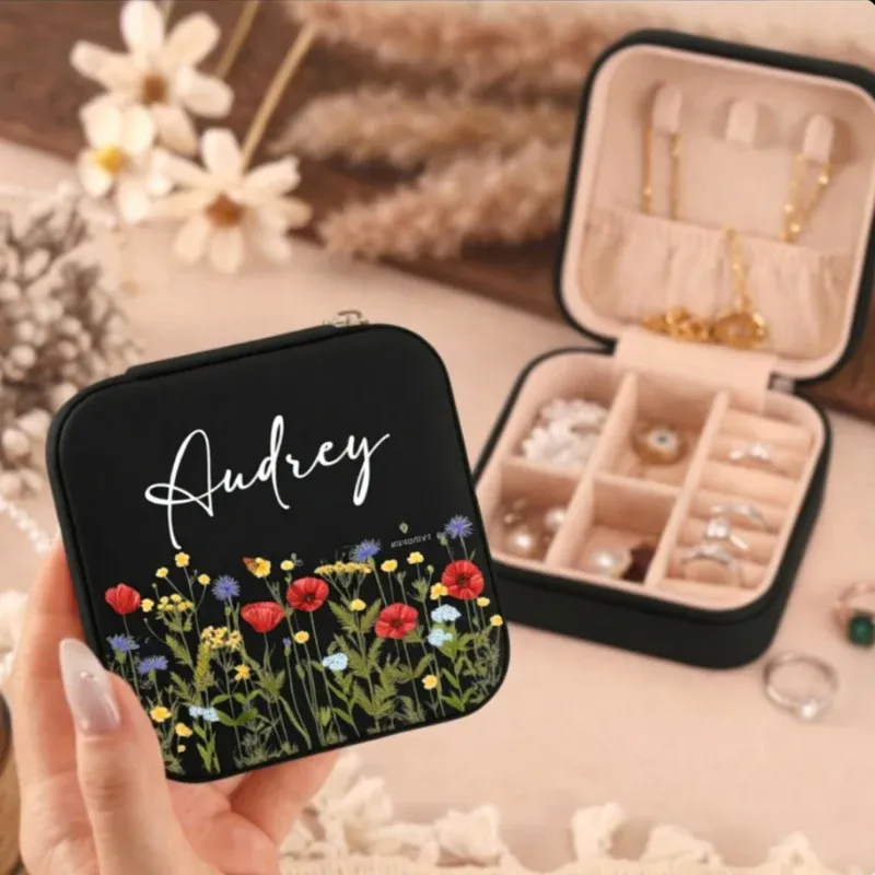 Personalized Faux Leather Travel Jewelry Case with Name & Floral Design – Custom Jewelry Organizer for Women (Random Box-Pack of 1) - Detailed Feature View 1