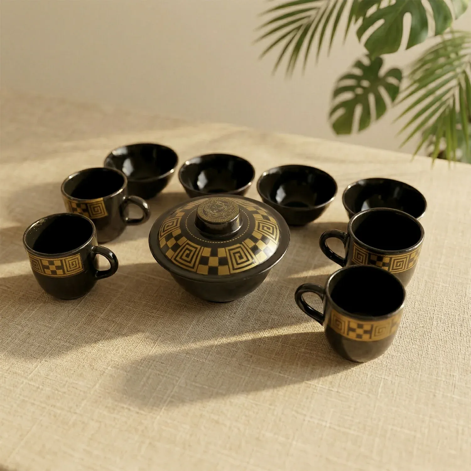 Premium Hot Espresso Cup Set Black Gold Coffee Mug Bowl Set with Serving Pot (9 Pc) - Buy Online at Alikart