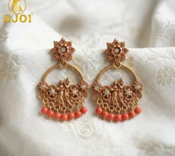 Coral Bead Radha Krishna Antique Chandbali Earrings with Floral Studs for Women