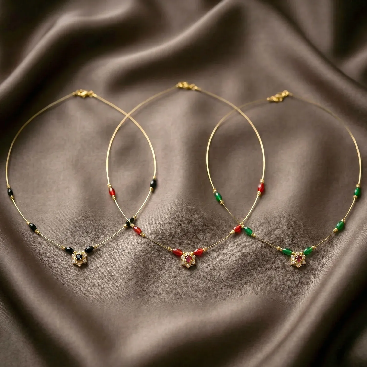Multicolor Bead Gold Necklace with Elegant Floral Pendant (3Pc/Set) - Detailed Feature View 1
